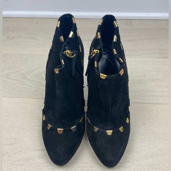 giuseppe zanotti heeled black suede booties uncle pointy toe 38 8 gold